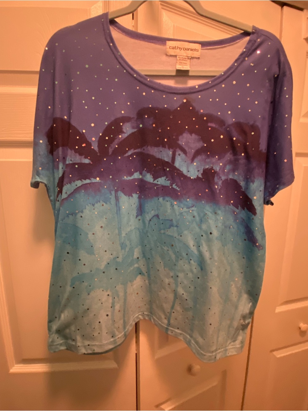 Cathy Daniels Blue Ombre Blouse with Palm Tree & Sequins  XL